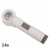 White, round lens stand magnifier with cylindrical handle grey on/off switch and grey battery port. 14x.