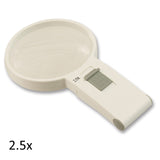 White, round lens hand held magnifier with grey on/off switch on rectangular handle labeled 2.5x.