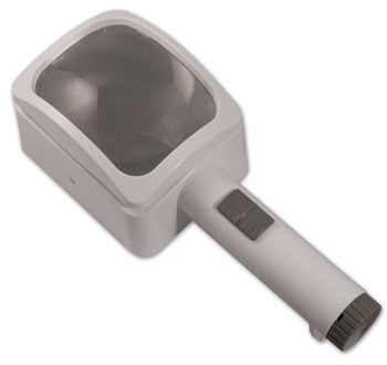 Lighted stand magnifier with 4x3 inch rectangular lens.