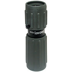 Black, cylindrical, rubber covered monocular on white background