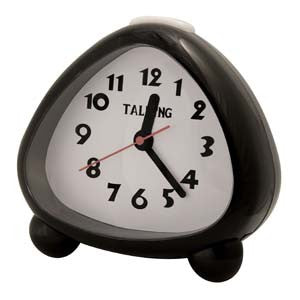 Rounded triangular talking big face analog clock with spherical feet set at 12:23 in bold, black numbers on a white background.