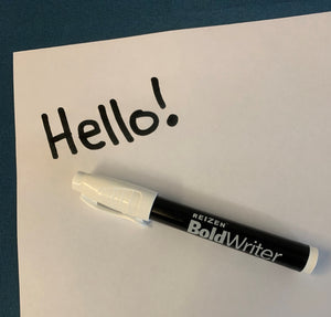 Reizen BoldWriter 40 shown on a white sheet of paper with "Hello!" written on it to show bold, black, high contrast of ink. 