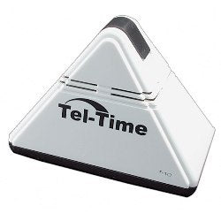 Pyramid shaped, white talking clock with black top button and black base displaying the Tel-Time logo in black print.