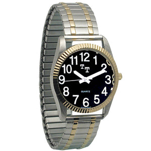 Silver and gold men's talking watch with black clock face and bold white numbers and hands.