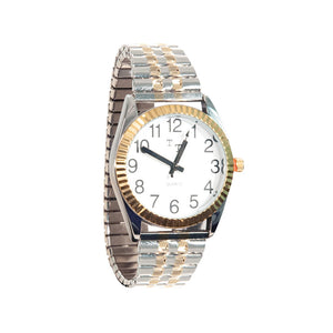 Silver and gold men's low vision watch with white face and large, bold black numbers and hands.