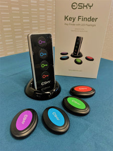 Object Locator transmitter on black stand with 4, oval shaped receivers in purple, blue, green and red. 