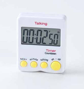White talking kitchen timer with yellow buttons and large digital screen.