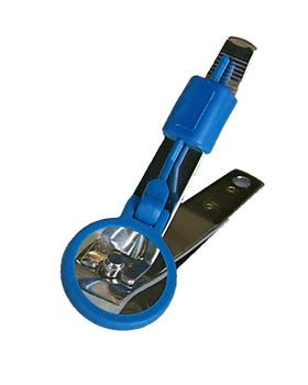 Silver toe nail clippers with attached, round, blue magnifier against a white background.
