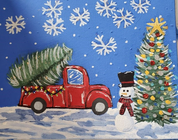 Colorful painting of a red pickup truck carrying a pine tree next to a snowman and a decorated pine tree on a snowy blue background.