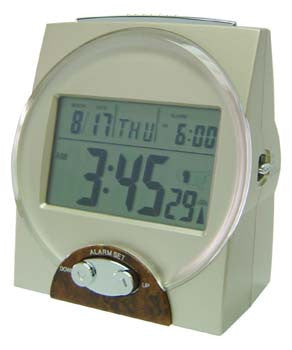 White talking atomic clock displaying 3:45 and the date Thursday 8/17 on a rectangular screen