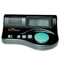 Black, curved talking clock with volume switch, 3 smaller buttons and a big round button and displaying 10:10 on the rectangular digital screen. 