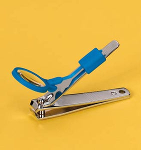 Silver nail clippers with attached blue magnifier with round lens on yellow background.