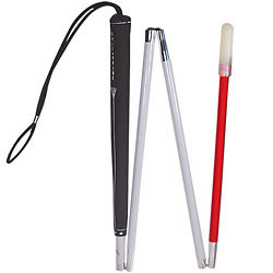 White aluminum folding cane with black cord, black top, red bottom and white tip.