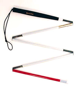 White graphite folding cane with black cord, black handle,  red bottom and white tip.