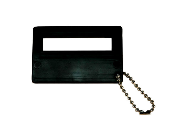 Black, rectangular signature guide attached to chain against white background to show high contrast.