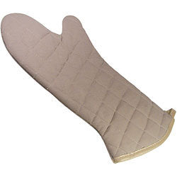 Tan, quilted oven mitt on white background.