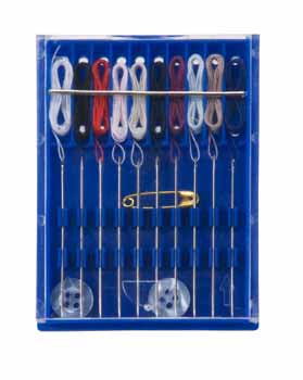 Pack of 10 sewing needles, pre threaded with assorted colored thread.