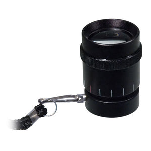 Black, cylindrical monocular with cord on white background.